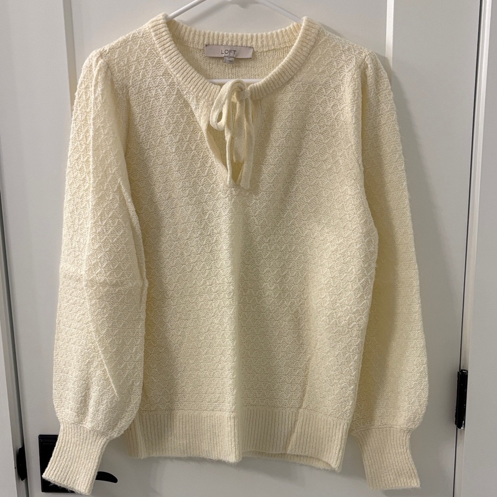 LOFT Ivory Textured Crew Neck Sweater